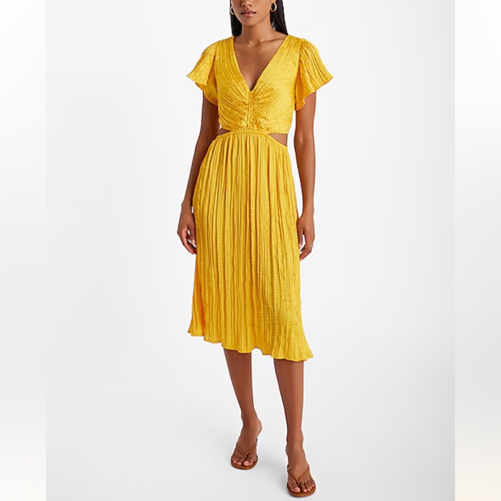 Express Satin V-Neck‎ Flutter Sleeve Pleated Cutout Midi Dress